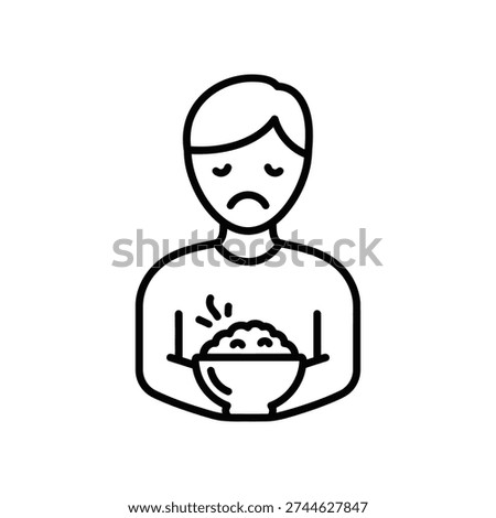 A simple line drawing of a man with a sad expression holding a steaming hot bowl of food, conveying disappointment or unhappiness.