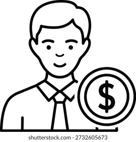 Um desenho de linha simples de um homem com cabelo curto e uma camisa de colarinho segurando ou fazendo referência a uma moeda de dólar