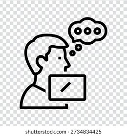 A simple line drawing of a man sitting at a laptop with a thought bubble above his head, symbolizing ideas and innovation