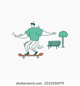 Um simples desenho de linha de um homem de skate em um cenário de parque.