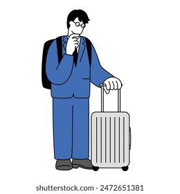 Un dibujo de una línea simple de un hombre en un traje sosteniendo una maleta y preocupado