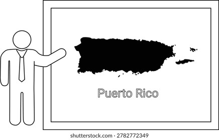 A simple line drawing of a man in a suit pointing to a black silhouette of Puerto Rico on a whiteboard.