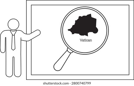A simple line drawing of a man in a suit pointing to a whiteboard displaying a magnified map of Vatican City.