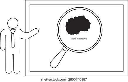 A simple line drawing of a man in a suit pointing to a whiteboard displaying a magnified map of North Macedonia.