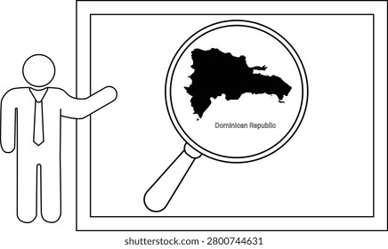 A simple line drawing of a man in a suit pointing to a screen displaying a magnified map of the Dominican Republic.