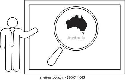 A simple line drawing of a man in a suit pointing to a whiteboard displaying a magnified map of Australia.