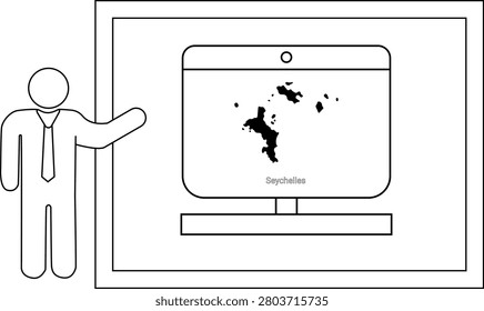A simple line drawing of a man in a suit pointing to a computer monitor displaying the map of Seychelles.