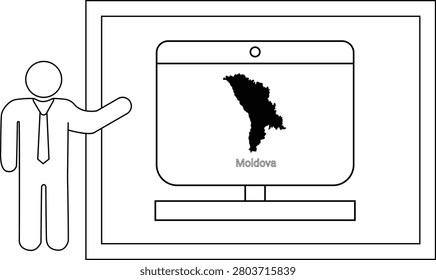 A simple line drawing of a man in a suit pointing to a computer monitor displaying the map of Moldova.