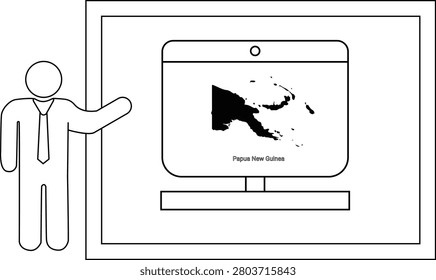 A simple line drawing of a man in a suit pointing to a computer monitor displaying the map of Papua New Guinea.