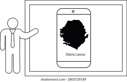 A simple line drawing of a man in a suit pointing to a smartphone displaying the map of Sierra Leone.