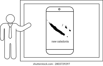 A simple line drawing of a man in a suit pointing to a smartphone displaying the map of New Caledonia