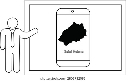 A simple line drawing of a man in a suit pointing towards a smartphone displaying the outline of Saint Helena.