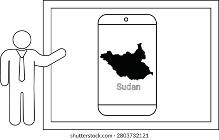 A simple line drawing of a man in a suit pointing to a smartphone displaying the map of Sudan.