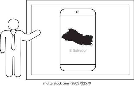 A simple line drawing of a man in a suit pointing to a smartphone displaying the map of El Salvador.