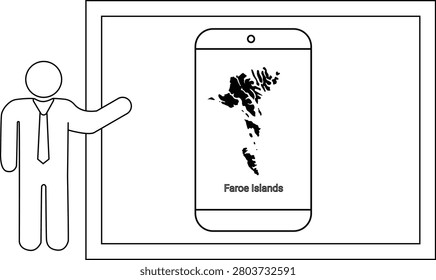 A simple line drawing of a man in a suit pointing to a smartphone displaying the Faroe Islands map.