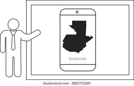 A simple line drawing of a man in a suit pointing to a smartphone displaying the map of Guatemala.