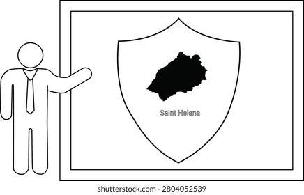 A simple line drawing of a man in a suit pointing to a shield with the map of Saint Helena inside.