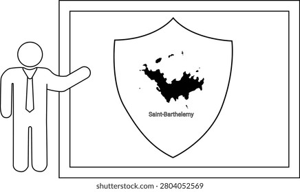 A simple line drawing of a man in a suit pointing to a shield with the map of Saint Barthelemy inside.