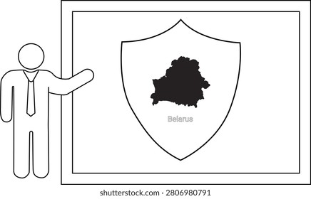 A simple line drawing of a man in a suit pointing to a screen displaying the map of Belarus within a shield emblem.