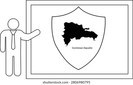 A simple line drawing of a man in a suit and tie pointing to a shield with the map of the Dominican Republic inside.