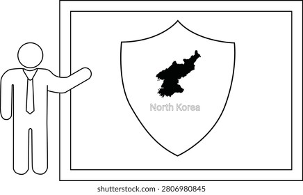A simple line drawing of a man in a suit pointing to a shield with the map of North Korea inside.