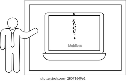A simple line drawing of a man in a suit pointing towards a laptop displaying a map of the Maldives.