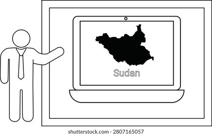 A simple line drawing of a man in a suit pointing to a laptop displaying the outline of South Sudan.