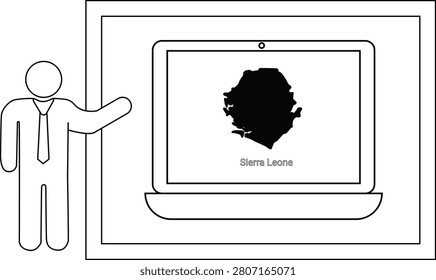 A simple line drawing of a man in a suit pointing to a laptop displaying the outline of Sierra Leone.