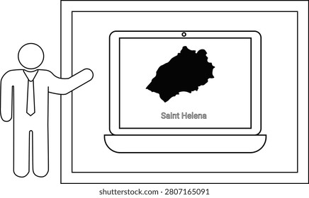 A simple line drawing of a man in a suit pointing towards a laptop displaying the map of Saint Helena.