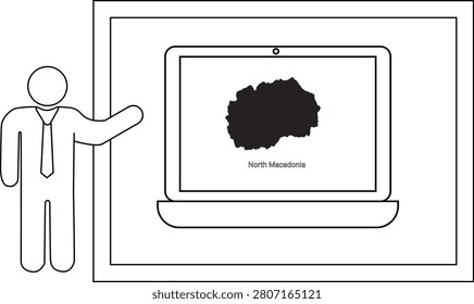 A simple line drawing of a man in a suit pointing to a laptop displaying the map of North Macedonia