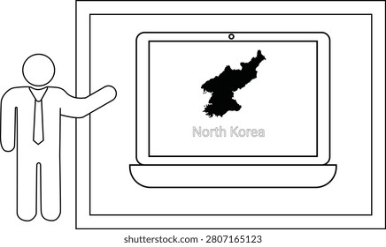 A simple line drawing of a man in a suit pointing towards a laptop displaying the map of North Korea.
