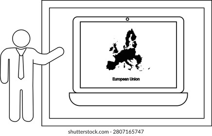A simple line drawing of a man in a suit and tie pointing towards a laptop displaying a map of the European Union.