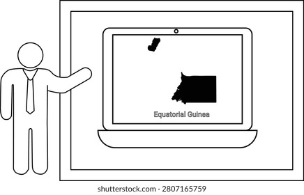 A simple line drawing of a man in a suit pointing to a laptop displaying the map of Equatorial Guinea.