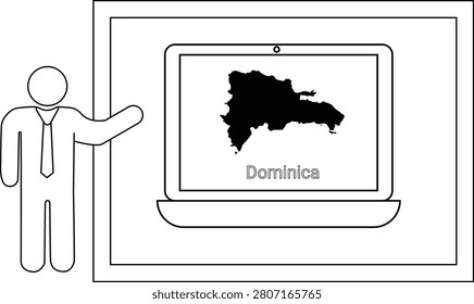 A simple line drawing of a man in a suit pointing to a laptop displaying the map of the Dominican Republic.