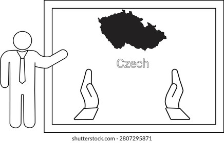 A simple line drawing of a man in a suit pointing to a map of the Czech Republic displayed on a whiteboard with the word Czech below it.