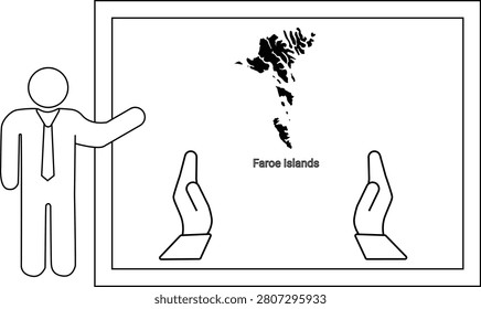 A simple line drawing of a man in a suit pointing to a map of the Faroe Islands displayed on a whiteboard, with two hands supporting the bottom of the board.