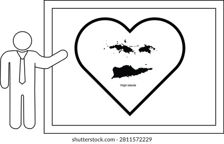 A simple line drawing of a man in a suit pointing to a heart shape containing a map of the US Virgin Islands