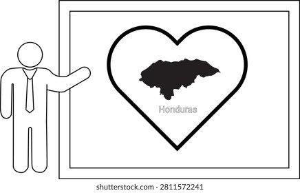 A simple line drawing of a man in a suit and tie pointing to a whiteboard. On the whiteboard is a heart shape containing the map of Honduras.