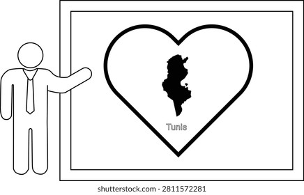 A simple line drawing of a man in a suit pointing to a screen displaying a heart with the map of Tunisia inside.