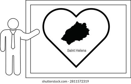 A simple line drawing of a man in a suit pointing to a heart shape containing the map of Saint Helena.