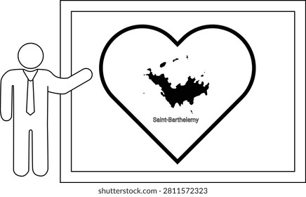 A simple line drawing of a man in a suit pointing to a heart shape containing a map of Saint Barthelemy.