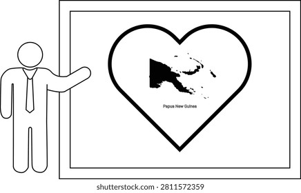 A simple line drawing of a man in a suit pointing to a heart shape containing the map of Papua New Guinea.