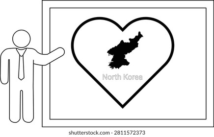 A simple line drawing of a man in a suit pointing to a whiteboard displaying a heart shape with the map of North Korea inside.