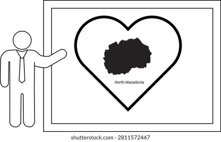 A simple line drawing of a man in a suit pointing to a heart shape containing the outline of North Macedonia.