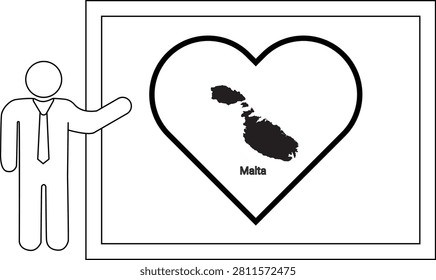 A simple line drawing of a man in a suit pointing to a whiteboard displaying a heart shape with the map of Malta inside.