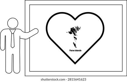 A simple line drawing of a man in a suit pointing to a heart shape containing the map of the Faroe Islands.