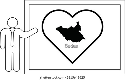 A simple line drawing of a man in a suit and tie pointing to a large heart shape containing the map of South Sudan.