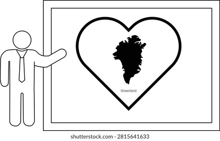 A simple line drawing of a man in a suit pointing to a large heart shape containing the outline of Greenland.