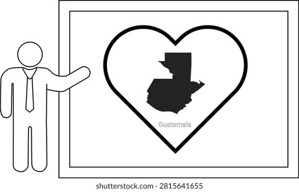 A simple line drawing of a man in a suit pointing to a framed display. The display features a heart shape containing the outline of Guatemala.