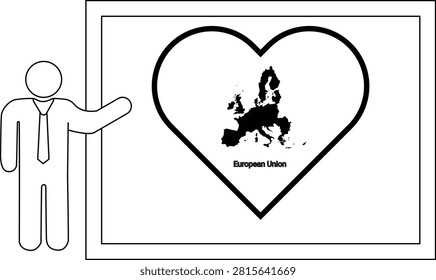 A simple line drawing of a man in a suit pointing to a whiteboard displaying the European Union map within a heart symbol.